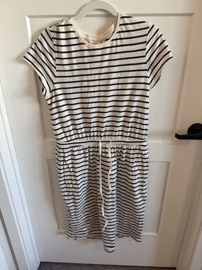 Pact Organic Cotton Striped Dress | Black White Tie Waist Casual | Size M